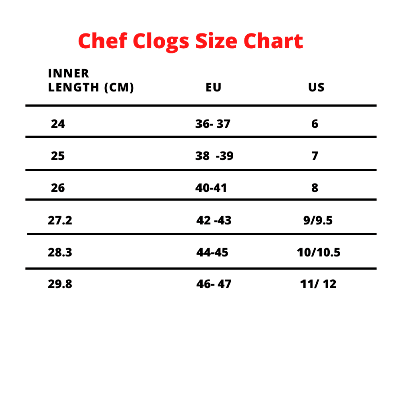 Chef Clogs Size chart